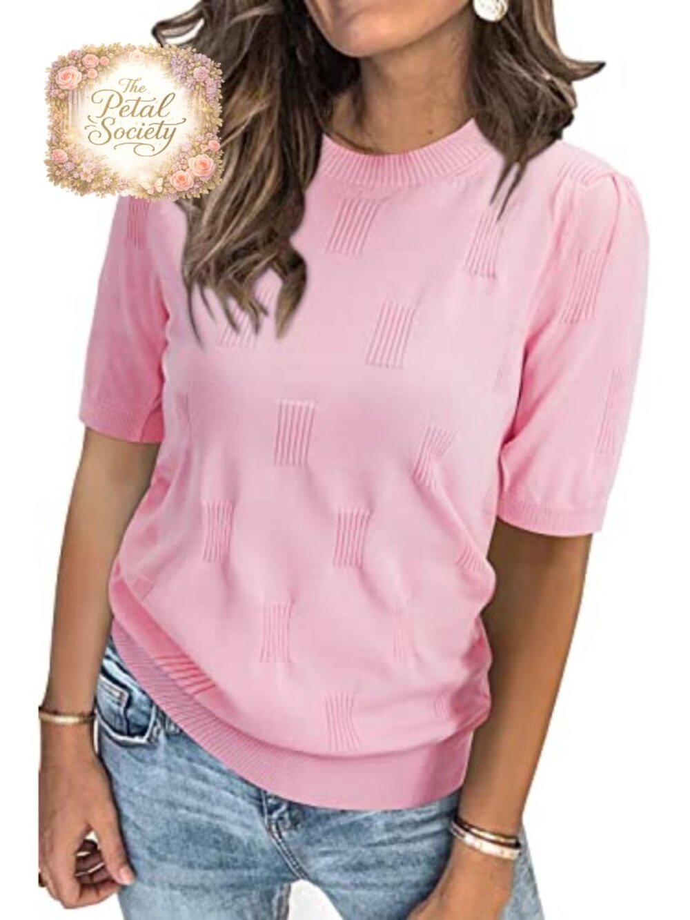 Women's Short Sleeve Crew Neck Knit Sweater Textured Work Top
